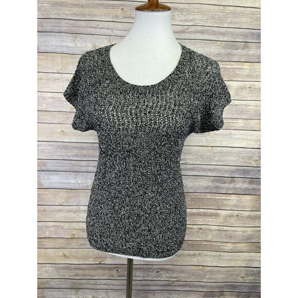 Eddie Bauer XS Space Dyed Sweater Top Linen Blend Black Gray Short Sleeve - Picture 1 of 9